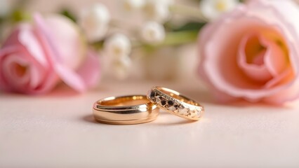 Gold Wedding Rings on Pink Background with Flowers, Romantic Bridal Jewelry, Love