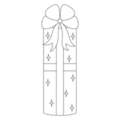 Сoloring book of gift box with beautiful ribbon bow. Doodle vector illustration of cartoon flat cute present isolated on white background for Christmas, birthday, anniversary, Valentine`s day.