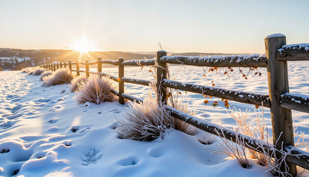 Frosty split-rail fence glowing under sunrise, winter serenity - Powered by Adobe