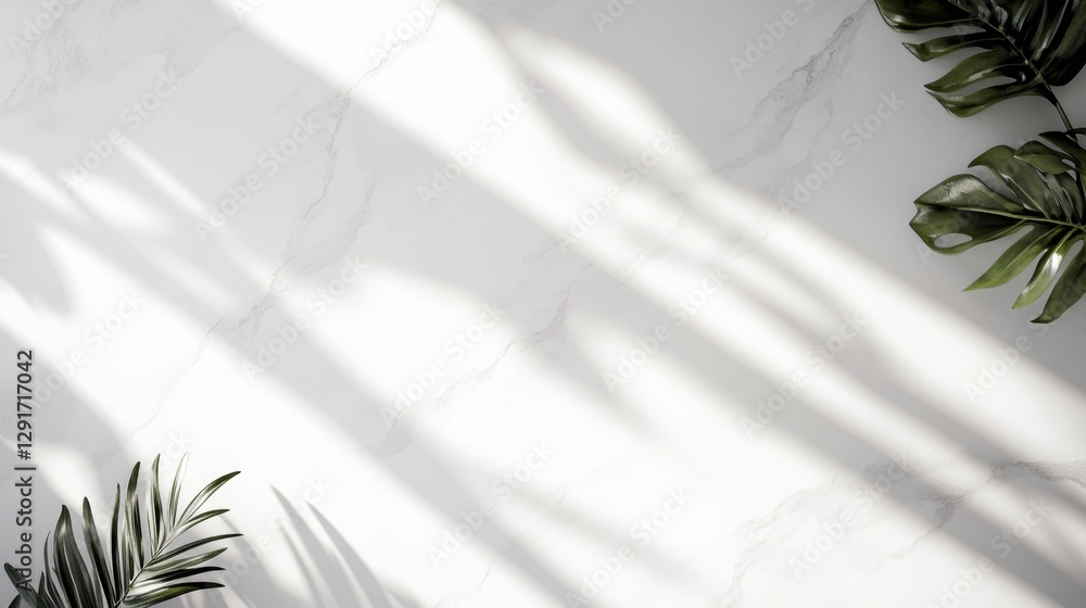 Poster shadows of palm leaves create a calming atmosphere in bright white light setting a serene mood ideal