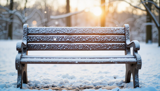 Frost-covered wooden bench in snowy park at sunset, winter serenity