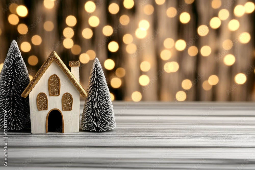 Aufkleber A wooden table with small Christmas houses and trees in the background, a snowy forest of pine trees illuminated by golden lights. The scene is set against an abstract background with falling