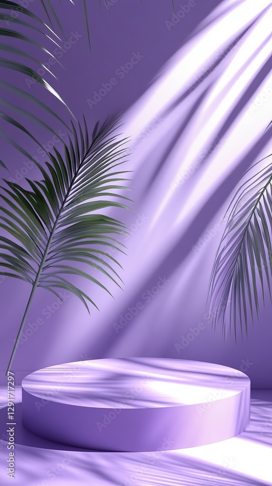 Poster purple backdrop with palm leaves creating a serene atmosphere in a minimalist setting with soft sunl