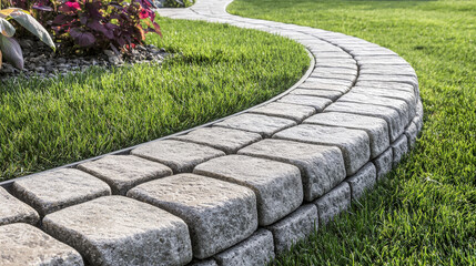 beautifully curved stone pathway lined with vibrant flowers and lush grass creates serene outdoor space