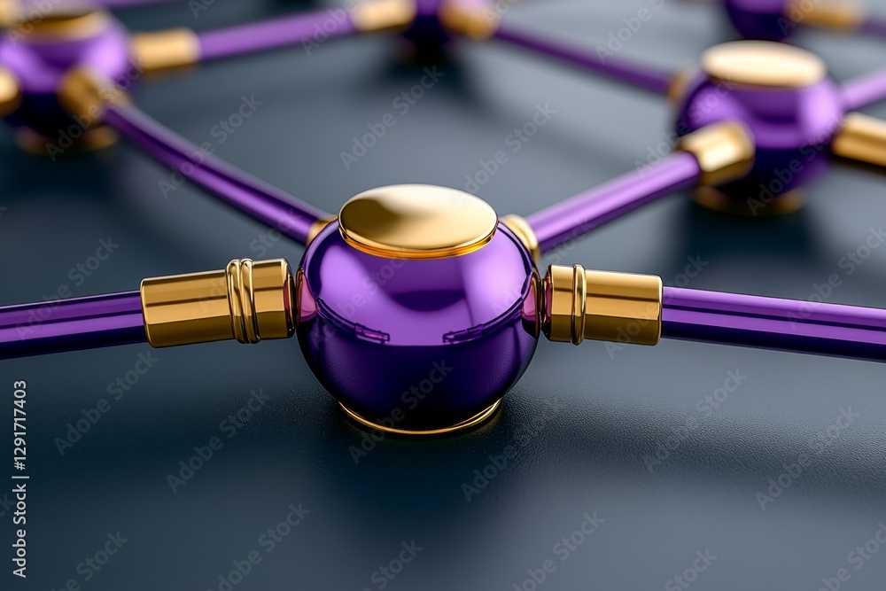 Poster abstract futuristic network with yellow spheres and purple lines on a dark background, a 3d renderin