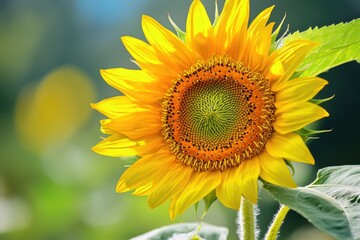 Fototapeta premium A single sunflower with detailed textures and bright yellow petals, isolated