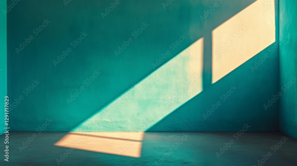 Poster shadows cast by sunlight create geometric patterns on a turquoise wall in a bright and minimalistic 