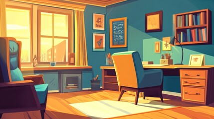 Cozy home office, sunny room, warm interior, creative workspace, ideal for illustrations, posters, or postcards
