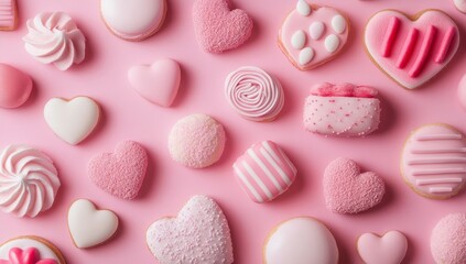 Colorful Heart-Shaped Confections Arranged on a Pink Background, Perfect for Celebrations and Special Occasions Filled With Love and Joy