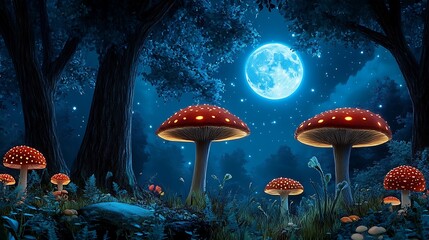 Enchanted Forest at Night: 3D Render of Glowing Mushrooms Under a Full Moon AI Generated