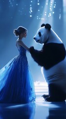 araffe and a woman in a blue dress touching hands