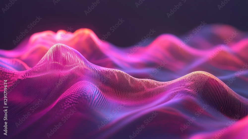 Poster abstract digital landscape with colorful waves undulating in a dark background, creating a mesmerizi