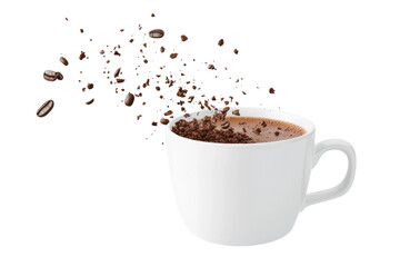 Coffee cup with floating grounds and beans, cut out