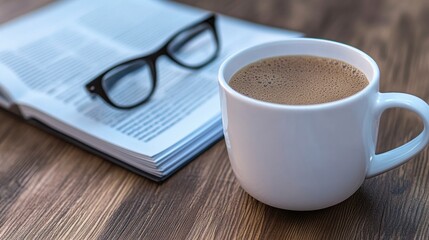 White Coffee Mug and Eyeglasses Resting on Open Book on Wooden Table