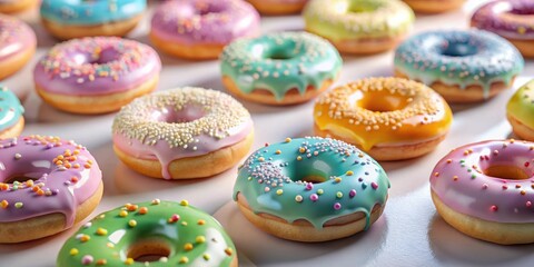 A delightful assortment of colorful glazed donuts, each generously sprinkled with vibrant candy bits, arranged artfully on a pristine surface, showcasing a tempting variety of sweet treats.