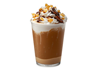 A creamy dessert beverage topped with whipped cream, caramel drizzle, and crunchy toppings in a clear cup.