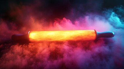 brightly colored smoke is swirling around a rolling pin on a black background