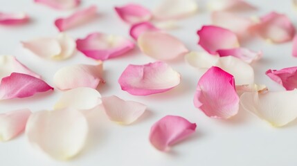 Obraz premium Rose petals scattered artfully on a clean surface, showcasing a variety of soft pink and white shades creating a serene and romantic atmosphere