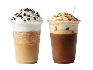 Two delicious coffee beverages topped with whipped cream and coffee beans or caramel drizzle, served in clear cups.