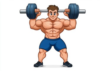 a 2D cartoon illustration of a person lifting a kettlebell, building muscle and strength, white background