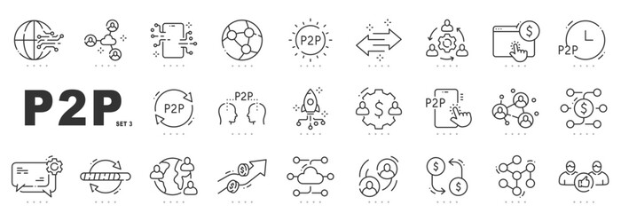 Set of p2p related line icons. Peer, payment, share, exchange etc. Editable stroke. Set 3