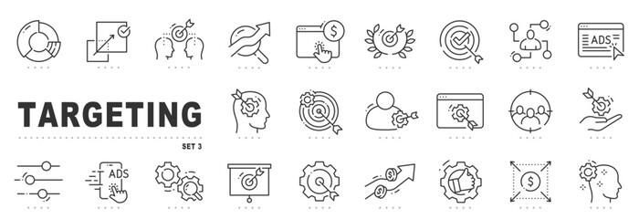 Set of targeting related line icons. Marketing, advertising, target etc. Editable stroke. Set 3