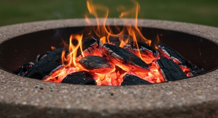 Fire burns brightly in a stone fire pit during a cozy evening gathering. Generative AI