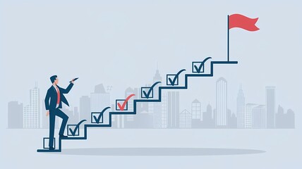 A businessman is illustrating the steps towards achieving goals, using checkmarks and a red flag as success markers, emphasizing the importance of planning, progress, and goal setting.