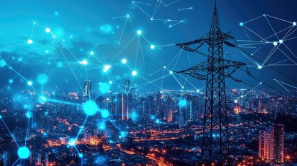 Obraz premium Smart City, Night Skyline with Power Lines and Network Connections