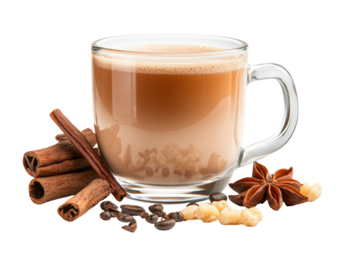 A glass cup filled with aromatic, creamy coffee, garnished with spices like cinnamon and star anise, showcasing a delightful blend of flavors.