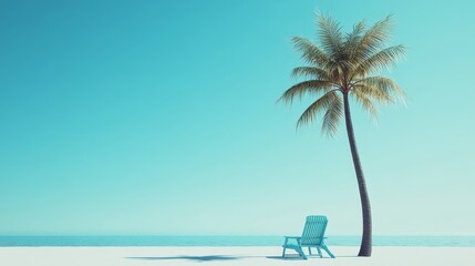 Fototapeta premium Relaxation on a Tropical Beach With a Blue Lounge Chair Under a Palm Tree Against a Clear Sky