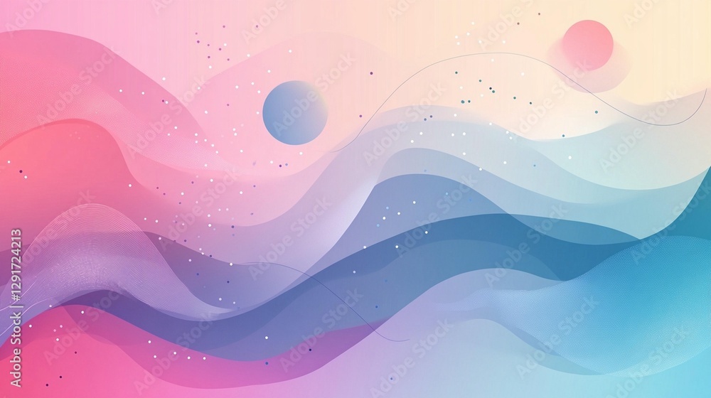 Poster abstract pastel wave background with soft colors and floating spheres.