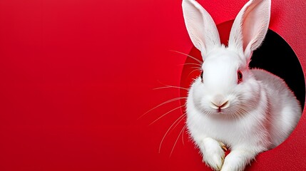 Obraz premium Curious White Rabbit Sitting in a Circular Opening Against a Red Background