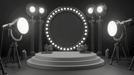 Theatrical Stage Setup with Bright Spotlights and a Circular Backdrop for Performance Events