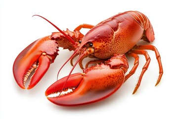 Realistic photograph of a full-body lobster, isolated on a solid, stark white background with focused lighting