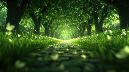 Fototapeta premium Magical path through lush green trees, sunlight at end