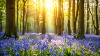 Obraz premium Golden sunlight illuminates a breathtaking woodland scene, where vibrant bluebells carpet the forest floor, creating a magical, tranquil atmosphere.