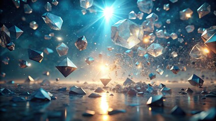 Obraz premium A Myriad of Gleaming Crystalline Forms Descends Upon a Reflective Surface, Illuminated by a Radiant Celestial Light Source