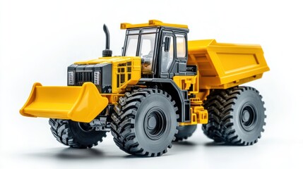 Fototapeta premium Yellow toy dump truck, isolated on white background, construction, engineering