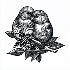 A pair of lovebirds snuggled together on a leafy branch. Engraving sketch black and white
