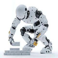 A futuristic robot constructs a brick wall in a sterile, high-tech environment, showcasing advanced technology