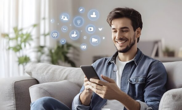 Smiling Man Using Smartphone with Floating Social Media and Communication Icons