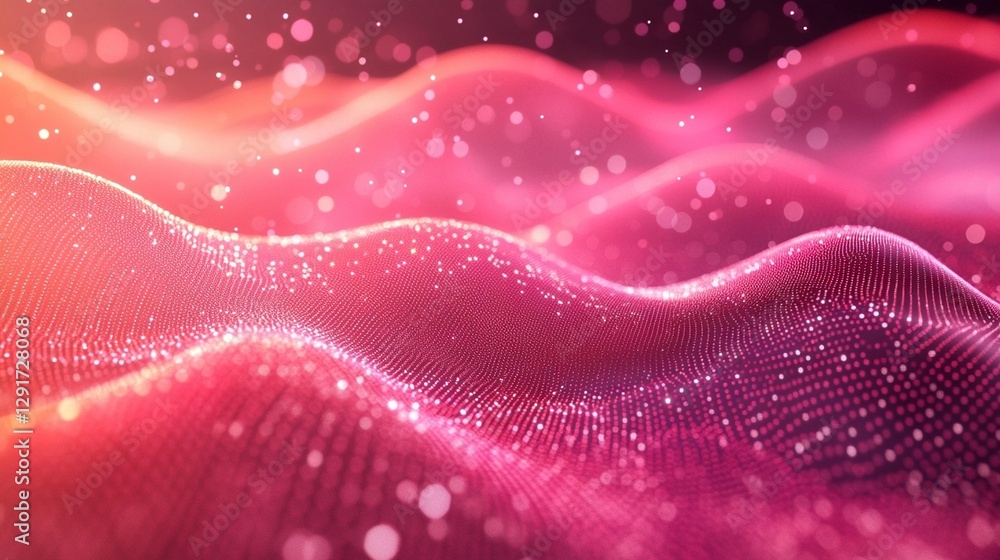 Poster abstract pink and red wave background with glowing particles.