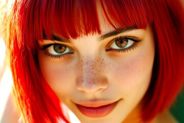 Obraz premium Commercial marketing concept art depiction. Short hairdo - red hair. Stunning happy mixed-race girl - for ads, poster and digital use. African hair campaigns. Artistic hair concepts.