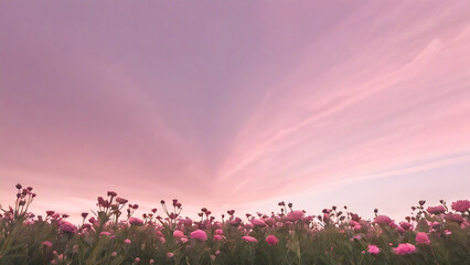 A serene floral landscape beneath a vast sky.