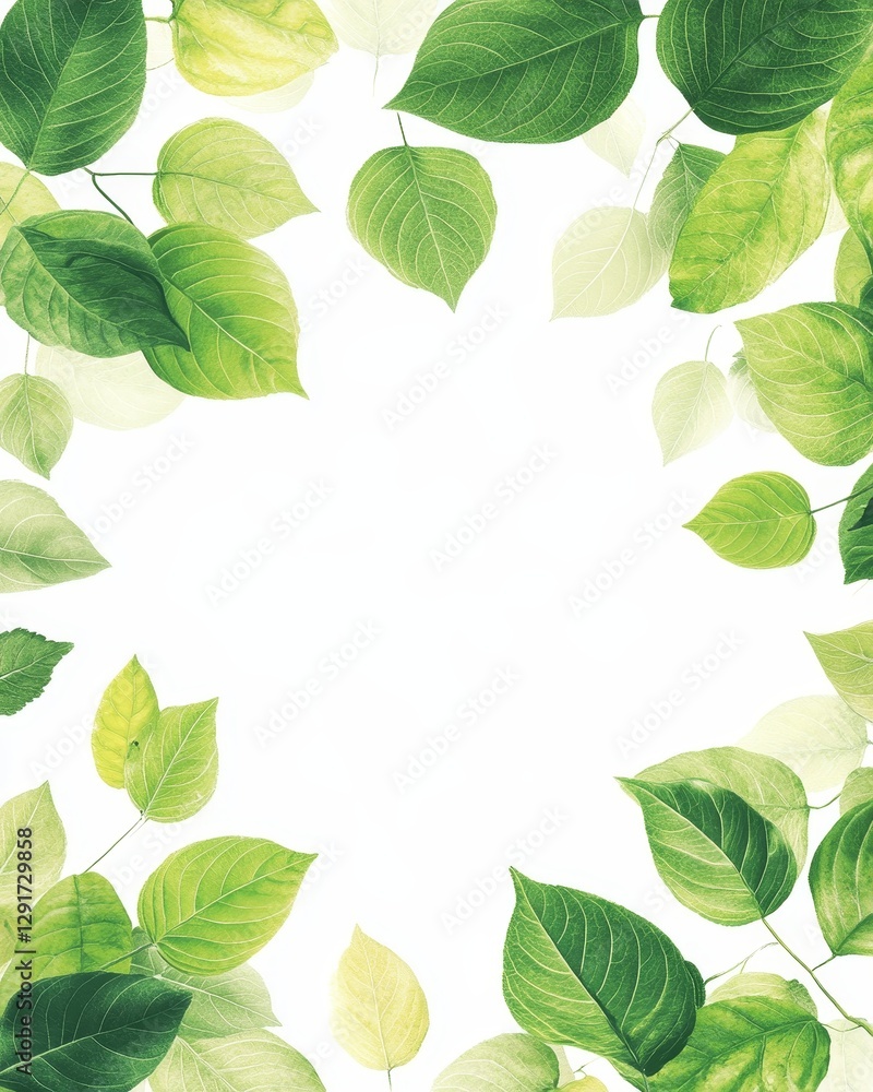 Poster collection of green leaves arranged on a white background showcasing different shapes and textures i