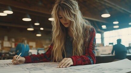 Creative designer working on architectural plans in modern studio urban environment focused view