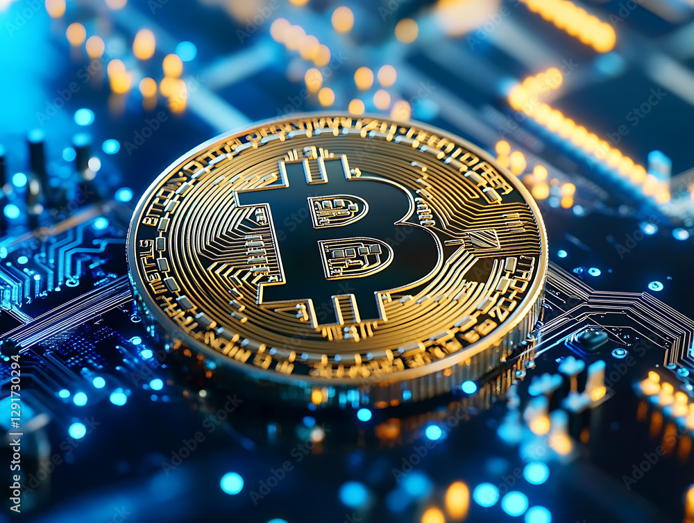 Poster bitcoin mining in a digital realm technological environment cryptocurrency concept macro view