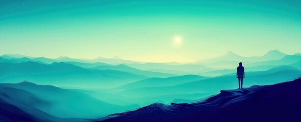 Silhouette of a Person Against a Serene Mountain Landscape at Dusk