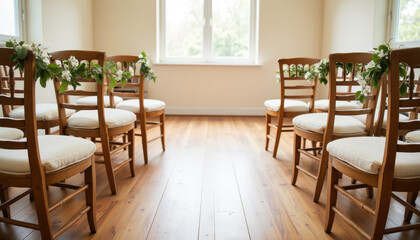 Vintage wooden wedding chairs arranged for ceremony in bright hall, celebration